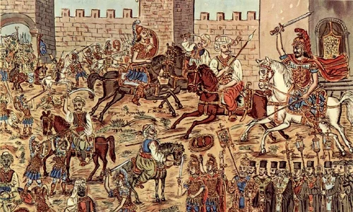 Împăratul Constantin al XI-lea Paleologul (călare) îi înfruntă pe turcii care au pătruns în Constantinopol. Pictură de Theophilos Hatzimihail (© Theofilos Museum / Μουσείο Θεόφιλου / Wikimedia Commons)
